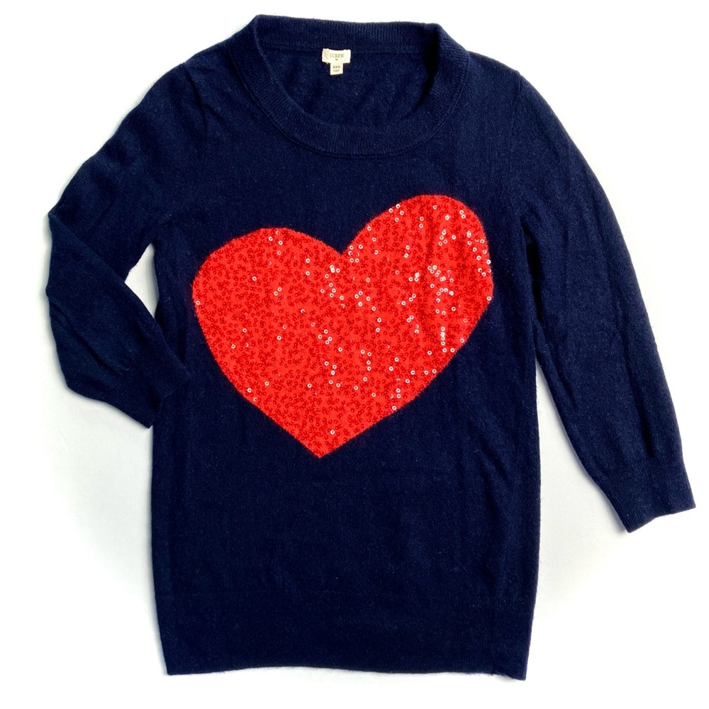 J.Crew Intarsia Charley Sweater in Sequin Heart Red & Navy Blue Merino Wool XXS